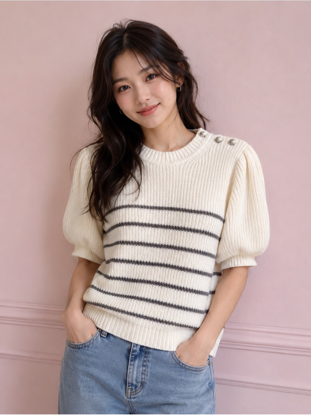 NAF NAF Cream Knit Short Sleeve Sweater with Lavender Stripes